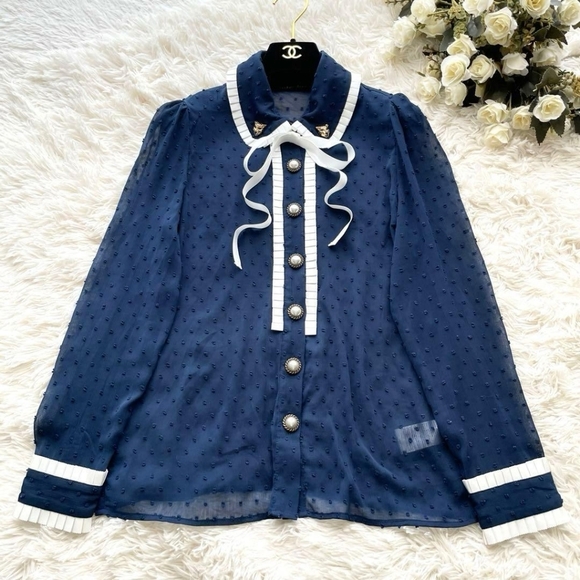 NEW Sister Jane Blue Swiss Polka Dot Bow Button Collared Blouse Shirt Medium - Picture 6 of 7